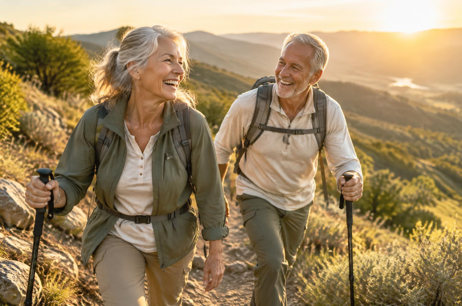 A woman hiking a mountain trail at golden hour